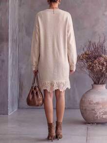 Balvessa Women's Elegant Diamond Quilted Jacquard Lace Patchwork Sweater Dress - Beige - View 3