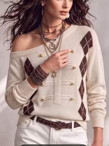 GlowEve Women's Asymmetric Shoulder Casual Versatile Long Sleeve Sweater - Beige - View 5