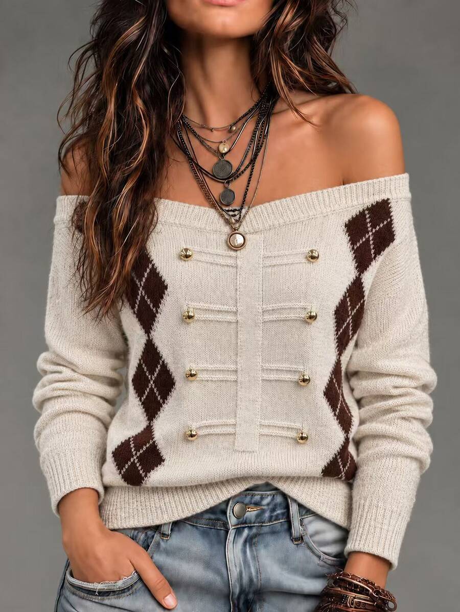 GlowEve Sweater Lengan Panjang Kasual Serbaguna dengan Bahu Asimetris untuk Wanita