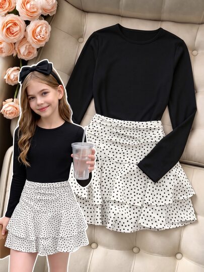 SHEIN Teen Girl Solid Color Round Neck Long Sleeve T-Shirt And Polka Dot Pattern Ruffle Hem Skirt Set