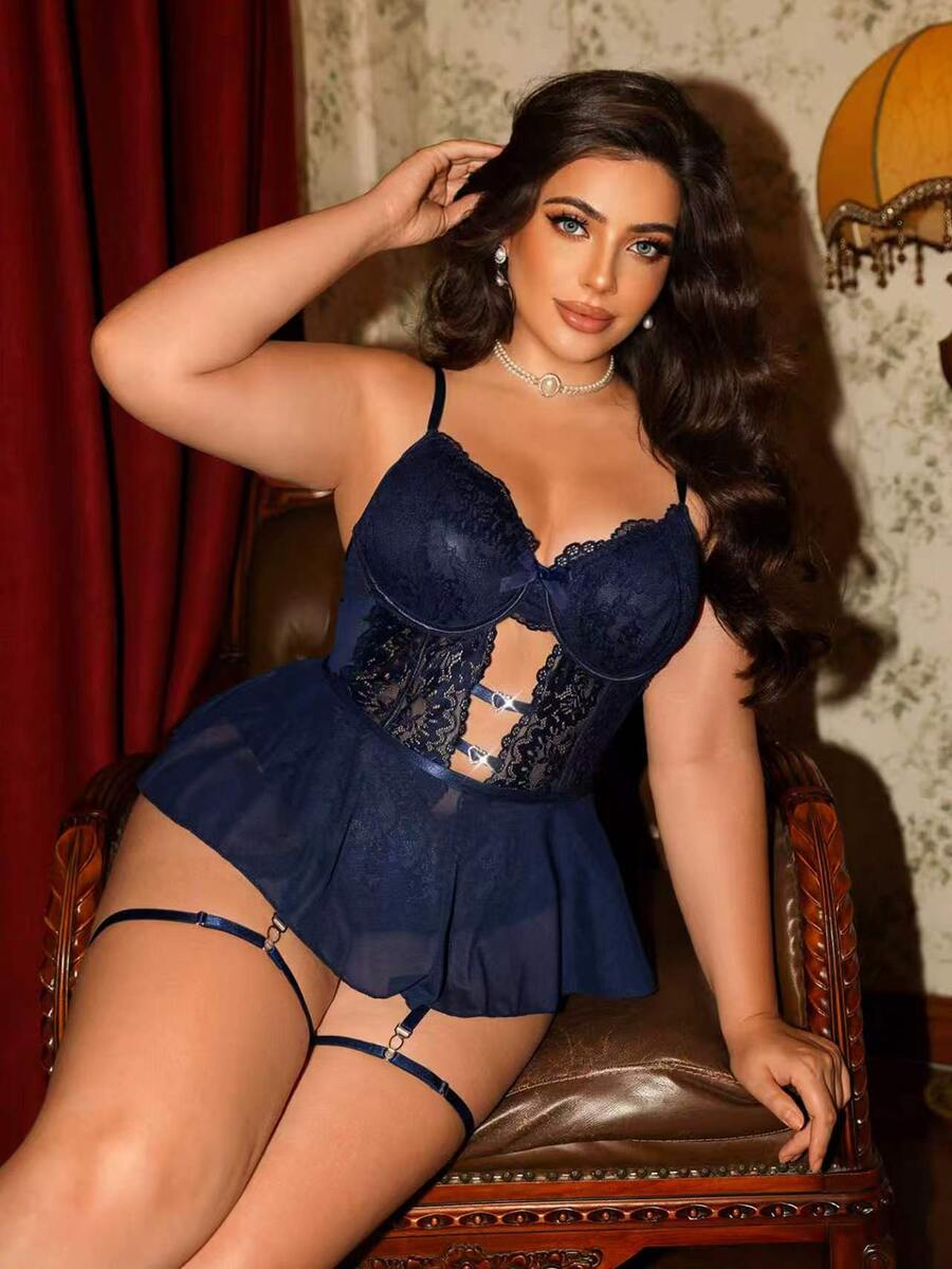 Spicy Aura 3pcs Lace Contrast Mesh Sexy Bodysuit Plus Size - Royal Blue - View 1