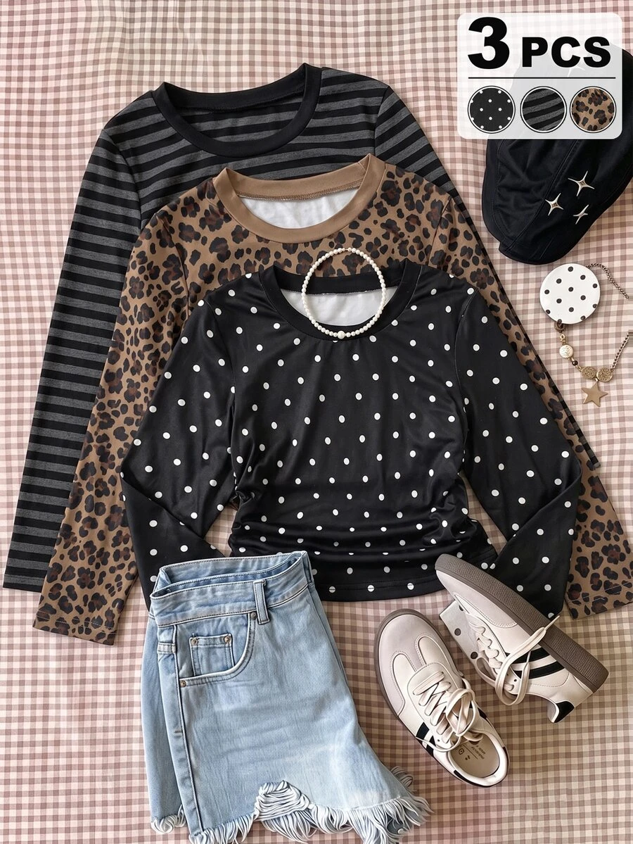 Tween Girls Fall Tops 3-Piece Pack - Casual Round Neck Long Sleeve T-Shirts In Leopard Print, Polka Dot & Stripe Patterns Everyday Knit Tees - Multicolor - View 1
