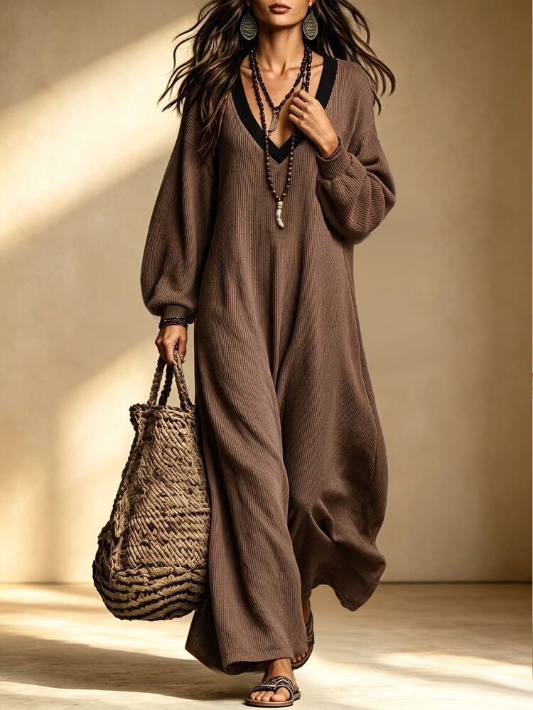 Zayélia Women's Vintage Striped Colorblock Knit Dress, Autumn/Winter - Coffee - View 5