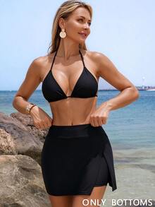 Swim Lushoire Women's Solid Color Beach Elegant Side Slit Pants Design Swimwear Beach Pants - Black - View 7