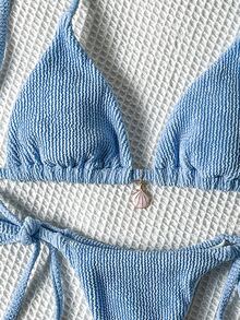 SHEIN Swim Blue Plain Fabric Halter Tie Back Tie Side Bikini Set For Women - Blue - View 7