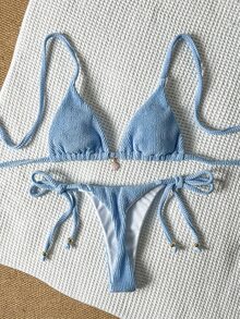 SHEIN Swim Blue Plain Fabric Halter Tie Back Tie Side Bikini Set For Women - Blue - View 3