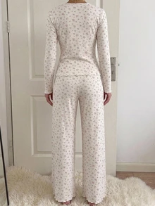 DAZY Women's All-Over Print Long Sleeve Top And Pants Casual Daily Home Pajama Set Fall - Beige - View 2