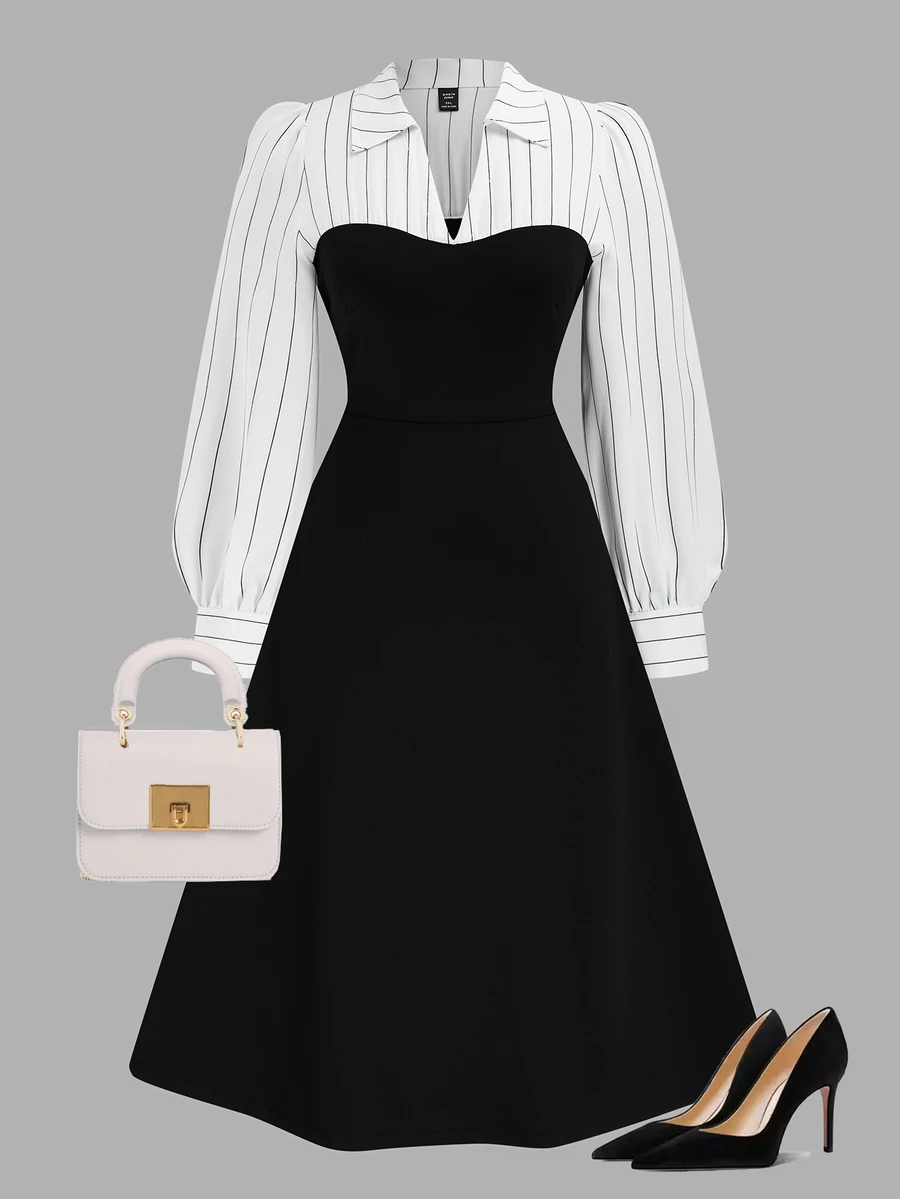 Rometta Plus Size Women White Solid Color Patchwork 2 In 1 Dress, Elegant Business Casual Long Sleeve Lapel Maxi Outfit Fall Cloth Formal Office - Black and White - View 1