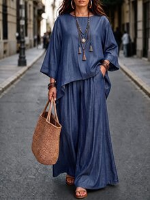 Linhara CURVE Plus Size Women Asymmetric Hem Loose Blouse And Wide Leg Pants Casual 2 Pieces Set Fall - Multicolor - View 5