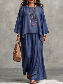 Linhara CURVE Plus Size Women Asymmetric Hem Loose Blouse And Wide Leg Pants Casual 2 Pieces Set Fall - Multicolor - View 4