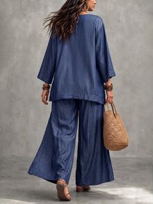 Linhara CURVE Plus Size Women Asymmetric Hem Loose Blouse And Wide Leg Pants Casual 2 Pieces Set Fall - Multicolor - View 6
