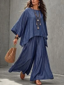 Linhara CURVE Plus Size Women Asymmetric Hem Loose Blouse And Wide Leg Pants Casual 2 Pieces Set Fall - Multicolor - View 1