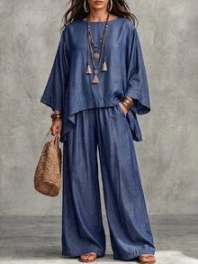 Linhara CURVE Plus Size Women Asymmetric Hem Loose Blouse And Wide Leg Pants Casual 2 Pieces Set Fall - Multicolor - View 7