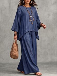 Linhara CURVE Plus Size Women Asymmetric Hem Loose Blouse And Wide Leg Pants Casual 2 Pieces Set Fall - Multicolor - View 3