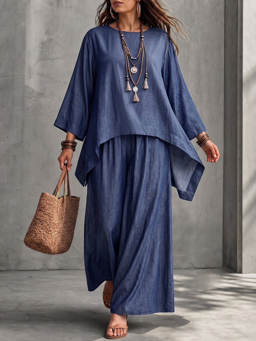 Linhara CURVE Plus Size Women Asymmetric Hem Loose Blouse And Wide Leg Pants Casual 2 Pieces Set Fall - Multicolor - View 1