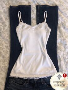 IslaSuriya Women's Casual Ribbed Lace Trim Camisole Tank Top - White - View 1