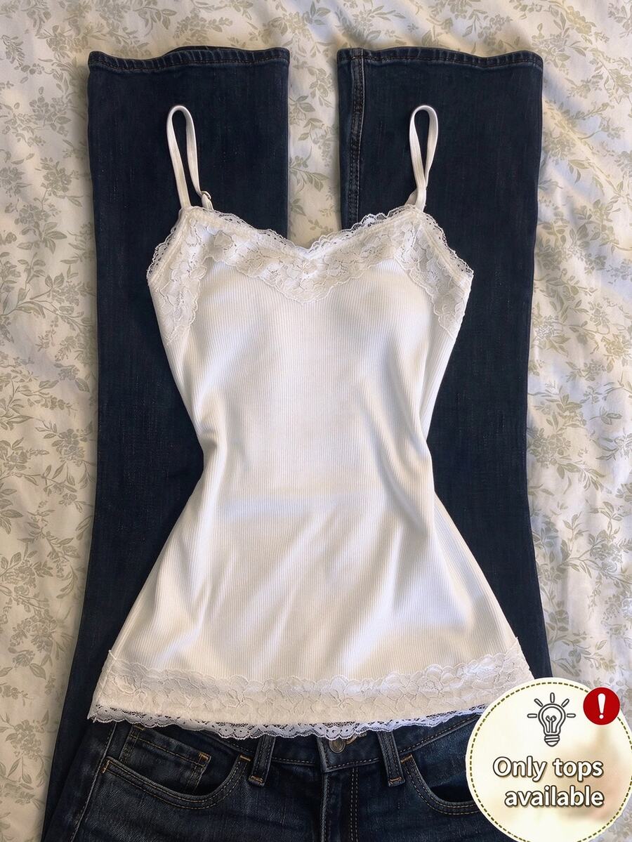 IslaSuriya Women's Casual Ribbed Lace Trim Camisole Tank Top - White - View 1