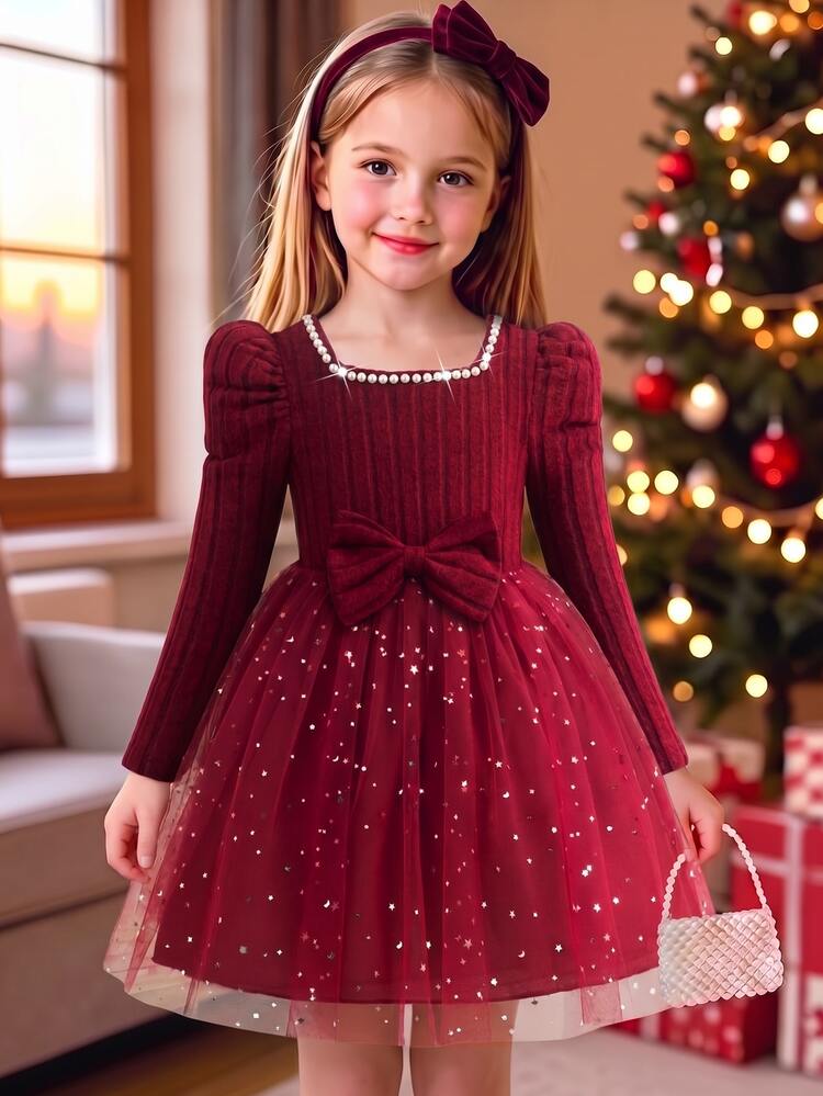SHEIN Young Girl Young Girl) Pearl Mesh Dress Knit Long Sleeve Top With Square Neckline And Pearl Trim Waist Decorated With Large 3D Bow; Skirt Hem With - Red - View 7
