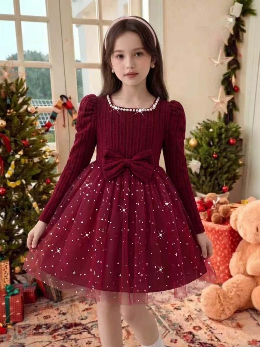 SHEIN Young Girl Young Girl) 珍珠網紗針織長袖上衣,方領設計,腰部飾有珍珠飾邊與大尺寸 3D 蝴蝶結,裙襬附 - 紅色 - 查看 1