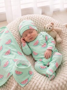 SHEIN 【随机3套，送1套】新生儿连体衣，卡通水果印花，清新可爱，ins风，长袖圆领，按扣裆部设计，方便穿脱，居家休闲外出皆宜，四季皆可 - 彩色 - 查看 5