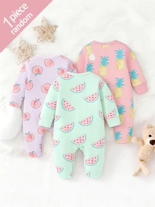 SHEIN 【随机3套，送1套】新生儿连体衣，卡通水果印花，清新可爱，ins风，长袖圆领，按扣裆部设计，方便穿脱，居家休闲外出皆宜，四季皆可 - 彩色 - 查看 2