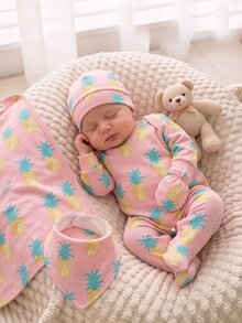SHEIN 【随机3套，送1套】新生儿连体衣，卡通水果印花，清新可爱，ins风，长袖圆领，按扣裆部设计，方便穿脱，居家休闲外出皆宜，四季皆可 - 彩色 - 查看 6
