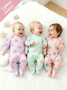 SHEIN 【随机3套，送1套】新生儿连体衣，卡通水果印花，清新可爱，ins风，长袖圆领，按扣裆部设计，方便穿脱，居家休闲外出皆宜，四季皆可 - 彩色 - 查看 3