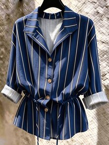 Franclia 新款女款隨性休閒寬鬆顯瘦抽繩長袖條紋襯衫，適合辦公室、度假、秋季 - 藏蓝色 - 查看 1