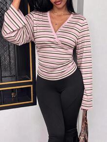Slaydiva 女款休閒極簡粉色條紋圖案T恤，適合春夏穿著 - 彩色 - 查看 3