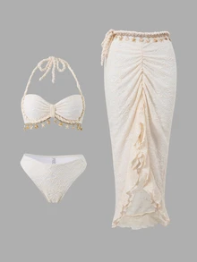 Bonvoyette 3pcs Women Beach Vacation Textured Fabric Shell Woven Strap Decorated Swimwear Set - Apricot - View 6
