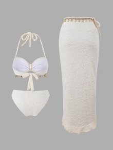 Bonvoyette 3pcs Women Beach Vacation Textured Fabric Shell Woven Strap Decorated Swimwear Set - Apricot - View 2