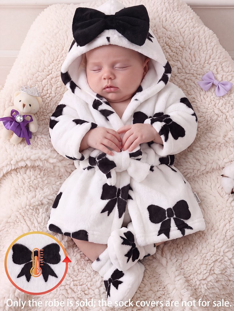 SHEIN Autumn/Winter Double-Sided Flannel Bow Print Baby Girl Newborn Bathrobe/Sleepwear - Black - View 6