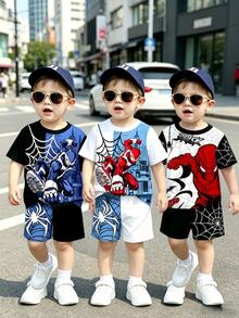 SHEIN 1 Random Set Print Short Sleeve Top And Shorts Set, Casual Style, Holiday Outfit, Back To School - Multicolor - View 1