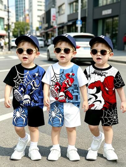 SHEIN RANDOM 3 SET ENVIAR 1 SET Conjunto de Top de Manga Corta y Shorts con Estampado de Dibujos Animados, Estilo Casual, Atuendo de Vacaciones, Regreso a la Escuela