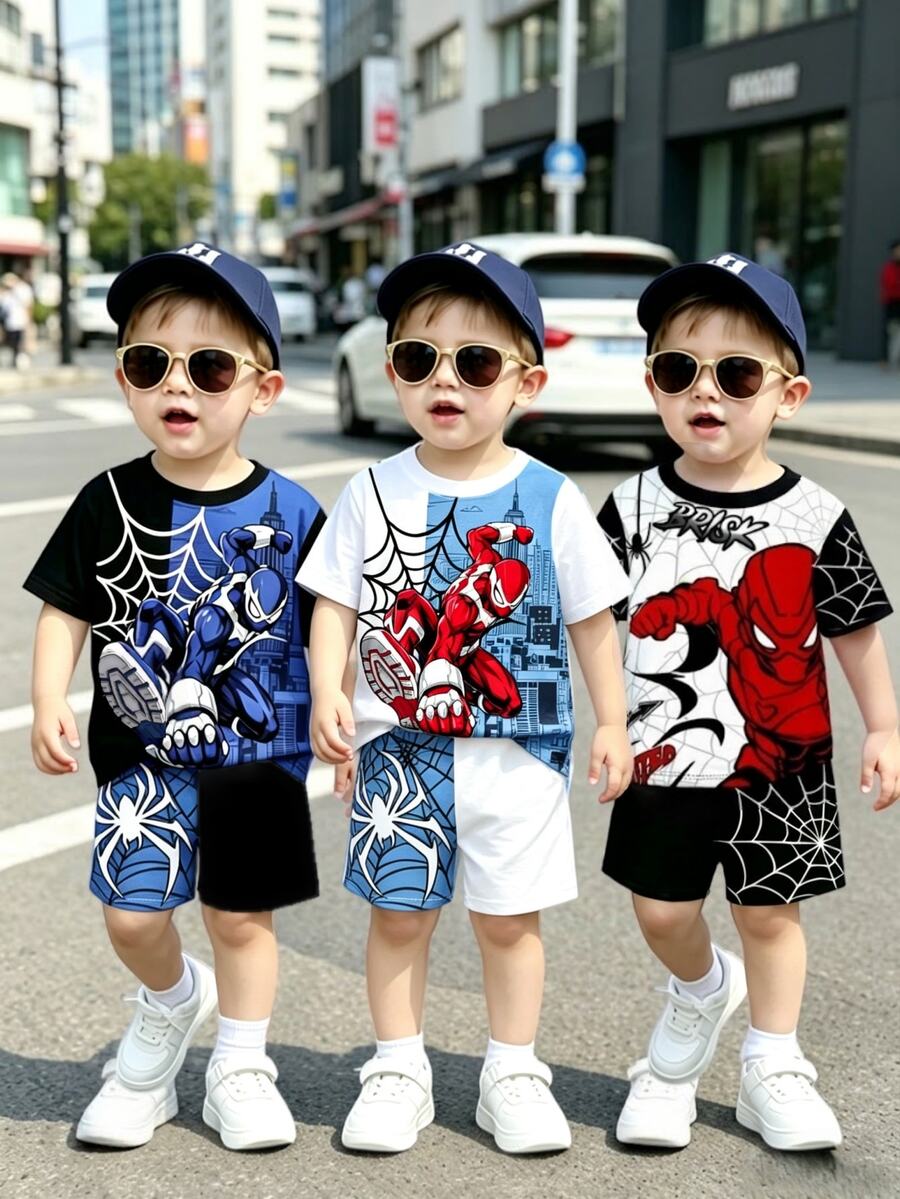 SHEIN 1 Random Set Print Short Sleeve Top And Shorts Set, Casual Style, Holiday Outfit, Back To School - Multicolor - View 1
