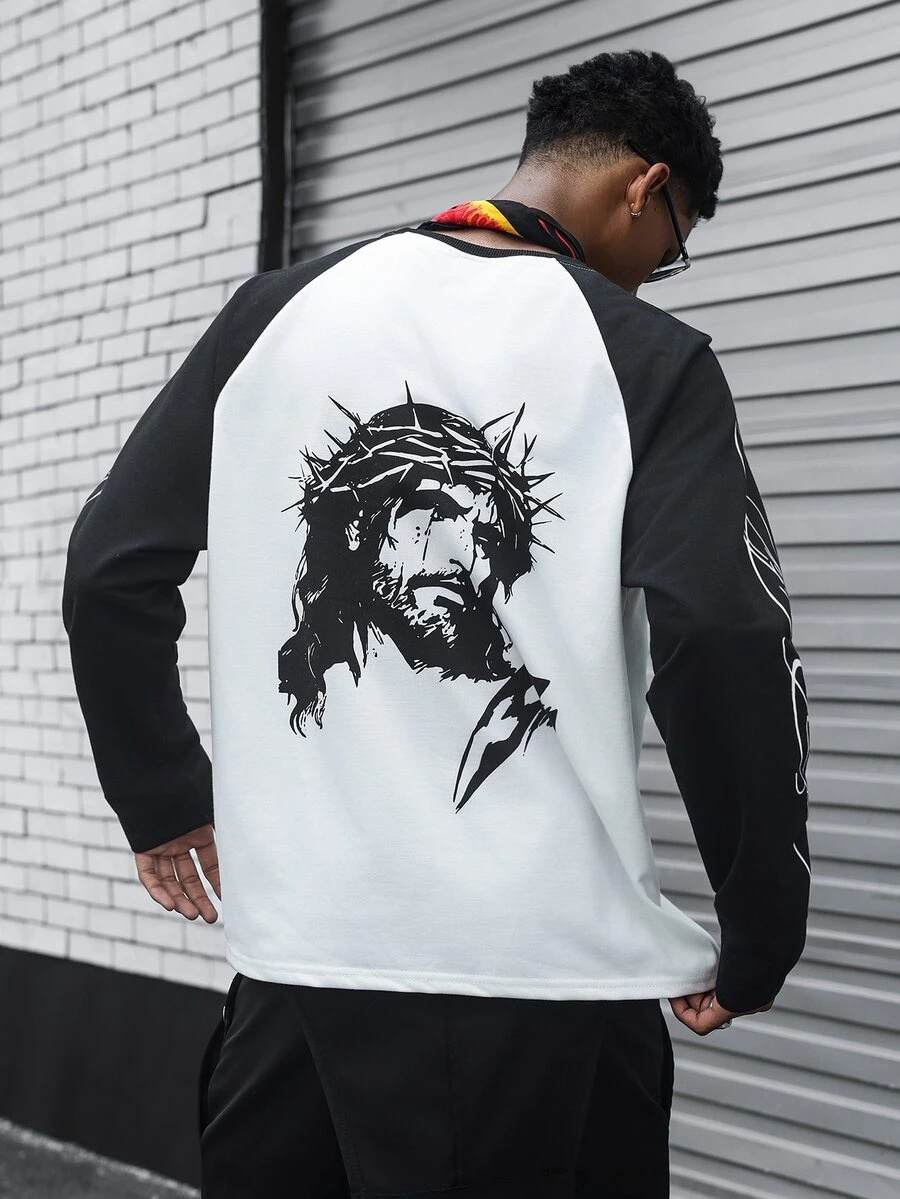 Major Grit Men's Long Sleeve Loose Fit Raglan Sleeve T-Shirt, Black And White Contrast Color Character Print And Handwritten English Text Print Pattern, Ideal Gift For Friends Or Boyfriend - Multicolor - View 1