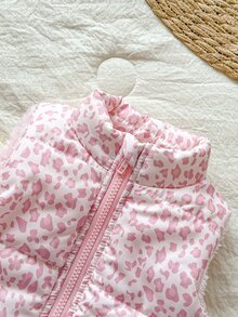 SHEIN 1件女嬰幼兒女童粉色豹紋可愛絎縫羽絨背心外套，拉鍊開襟、無袖、立領、加厚毛茸茸，適合秋冬戶外穿著 - 粉色 - 查看 5