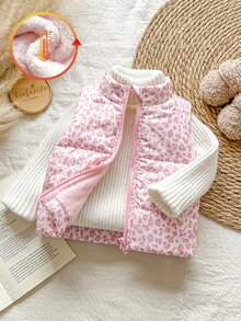 SHEIN 1件女嬰幼兒女童粉色豹紋可愛絎縫羽絨背心外套，拉鍊開襟、無袖、立領、加厚毛茸茸，適合秋冬戶外穿著 - 粉色 - 查看 3