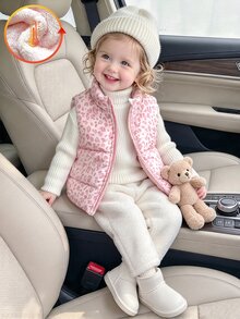 SHEIN 1件女嬰幼兒女童粉色豹紋可愛絎縫羽絨背心外套，拉鍊開襟、無袖、立領、加厚毛茸茸，適合秋冬戶外穿著 - 粉色 - 查看 1