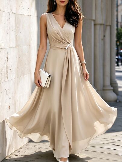 SHEIN Women's New V-Neck Elegant Long Sleeveless Dress, Party Dress, Date Dress,