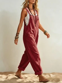 Breezaya Mono casual para mujer, mono de verano, mono amarillo, mono para la playa, mono de estilo campestre, mono con tirantes finos, mono de vacaciones - Rojo - Ver 4