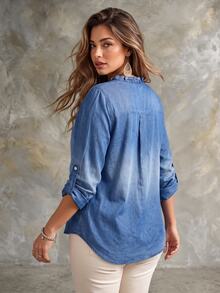 Ceyna Women's Plus Size Minimalist Casual Ruffle Collar Denim Effect Shirt Blouse, Loose Fit, Long Sleeve, Suitable For Commuting And Daily Wear Fall - Blue - View 2