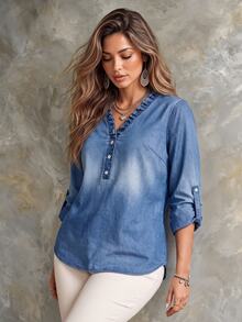 Ceyna Women's Plus Size Minimalist Casual Ruffle Collar Denim Effect Shirt Blouse, Loose Fit, Long Sleeve, Suitable For Commuting And Daily Wear Fall - Blue - View 5