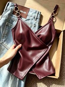 Resyla Women's Solid Color PU Leather Criss-Cross Chain Strap Fashion Camisole - Burgundy - View 1