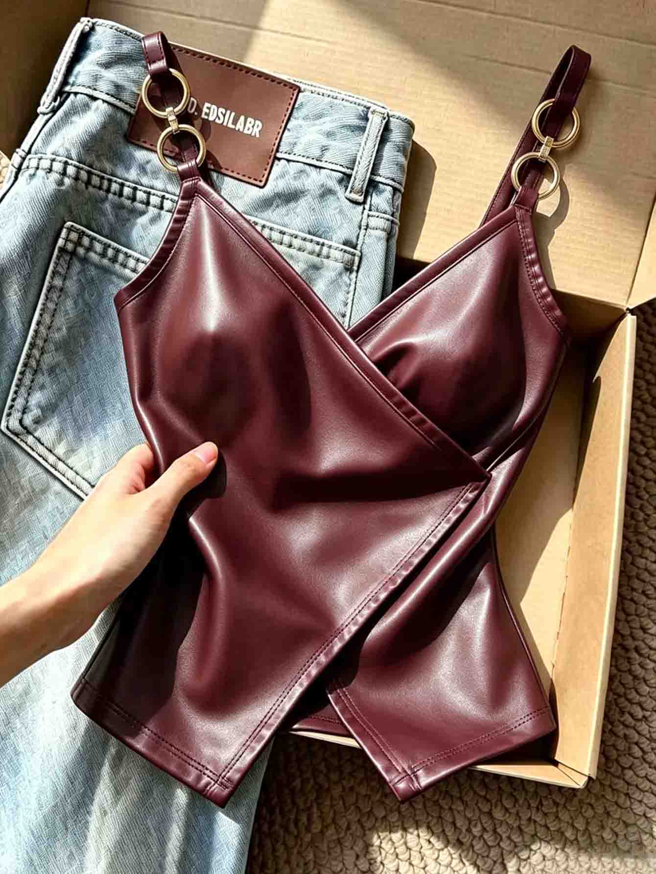 Resyla Women's Solid Color PU Leather Criss-Cross Chain Strap Fashion Camisole - Burgundy - View 1