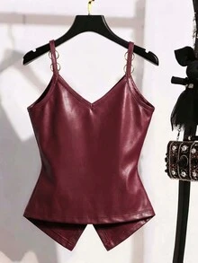 Resyla Women's Solid Color PU Leather Criss-Cross Chain Strap Fashion Camisole - Burgundy - View 2