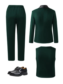 SHEIN 3pcs Teen Boy Gentleman Suit Set:Sophisticated Contrast Collar Blazer,Slim Fit Vest Elegant Cute Trousers For Birthday Party Gift,Wedding Black Summer - Dark Green - View 3