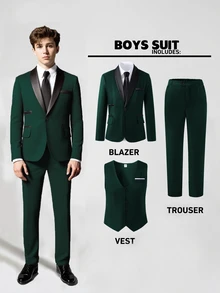 SHEIN 3pcs Teen Boy Gentleman Suit Set:Sophisticated Contrast Collar Blazer,Slim Fit Vest Elegant Cute Trousers For Birthday Party Gift,Wedding Black Summer - Dark Green - View 2