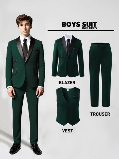 SHEIN 3pcs Teen Boy Gentleman Suit Set:Sophisticated Contrast Collar Blazer,Slim Fit Vest Elegant Cute Trousers For Birthday Party Gift,Wedding Black Summer