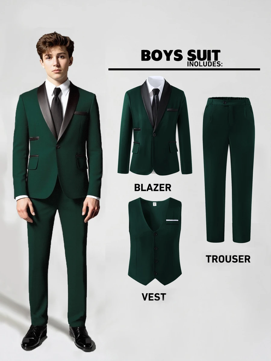 SHEIN 3pcs Teen Boy Gentleman Suit Set:Sophisticated Contrast Collar Blazer,Slim Fit Vest Elegant Cute Trousers For Birthday Party Gift,Wedding Black Summer